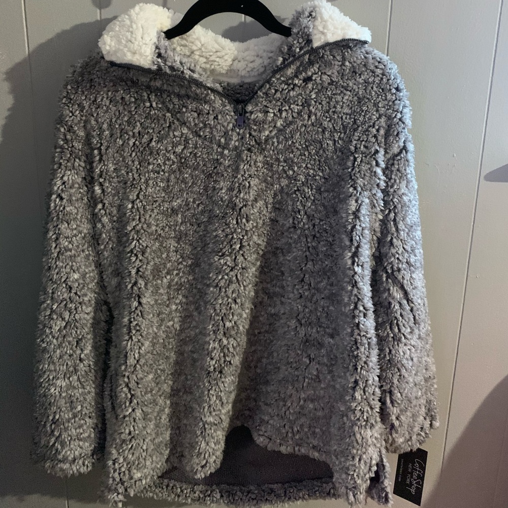 grey fuzzy pullover